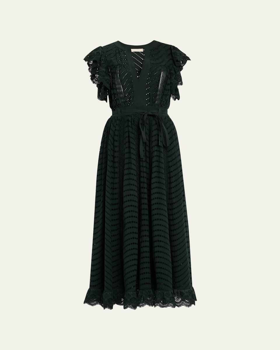 Olga Eyelet Flutter-Sleeve Midi Dress